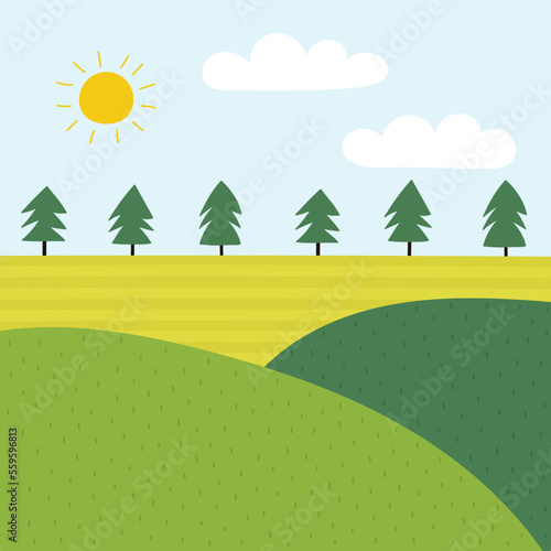 Green meadow landscape in cartoon style. Summer field background with hills  trees  grass and flowers. Cute doodle country and farm banner. Vector illustration