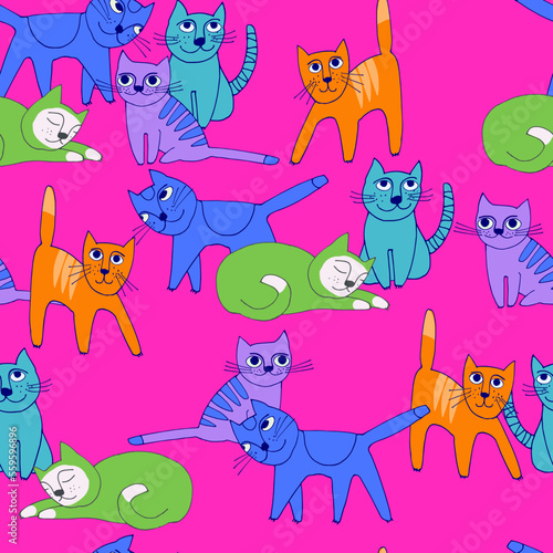 Seamless pattern with funny cat, in bright luminescent colors. Perfect for kids. Made of vector illustrations in cartoon, sketch style
