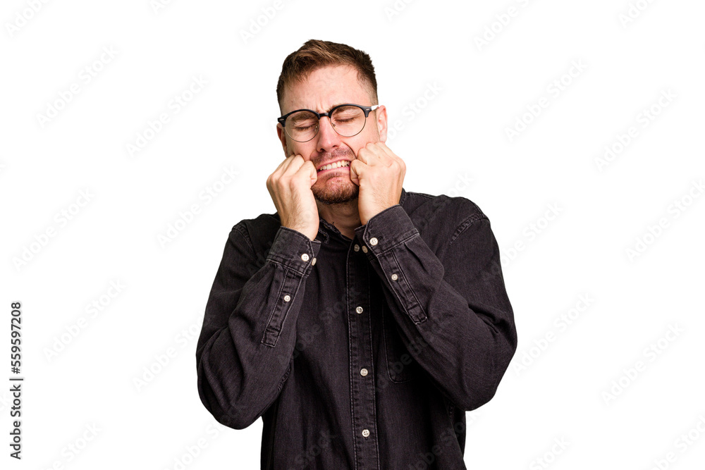 Young caucasian man cut out isolated crying, unhappy with something, agony and confusion concept. Young caucasian man cut out isolated crying, unhappy with something, agony and confusion concept.