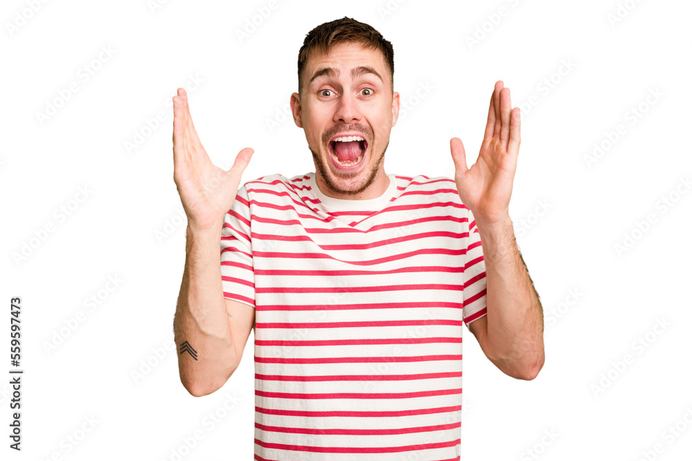 Young caucasian man cut out isolated receiving a pleasant surprise, excited and raising hands. Young caucasian man cut out isolated receiving a pleasant surprise, excited and raising hands.