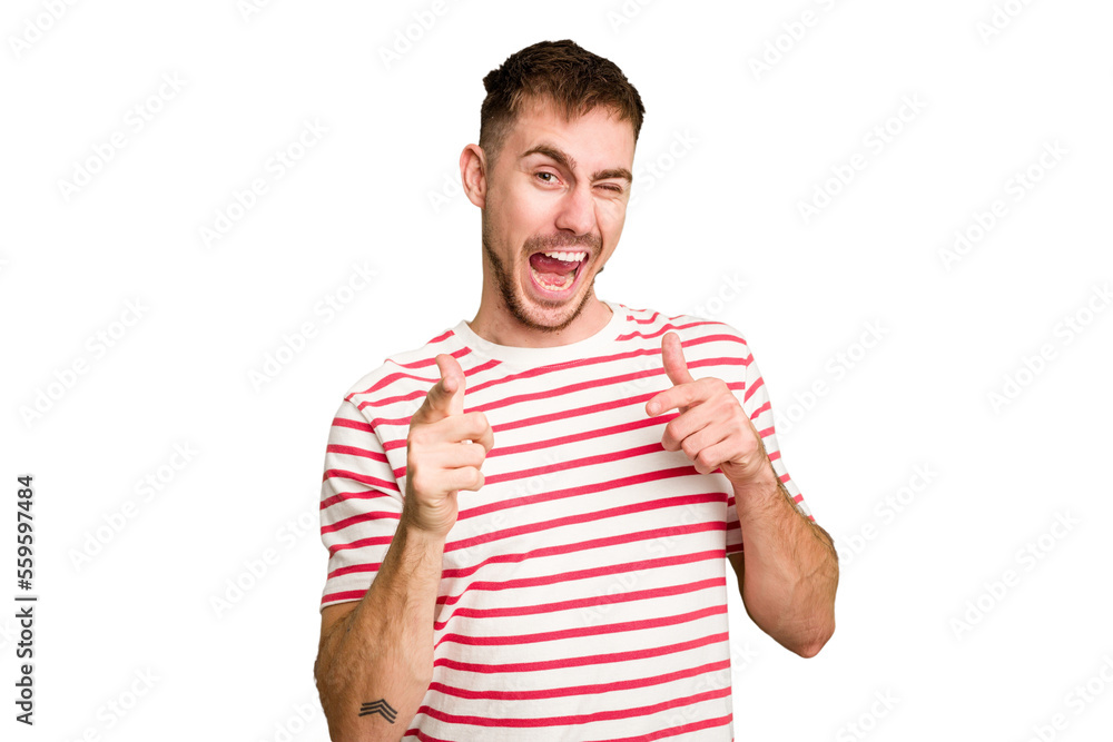 Young caucasian man cut out isolated pointing to front with fingers. Young caucasian man cut out isolated pointing to front with fingers.