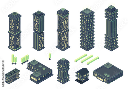 Isometric sustainability smart city buildings. Futuristic city skyscrapers and administration buildings with green energy power lines landingpage
