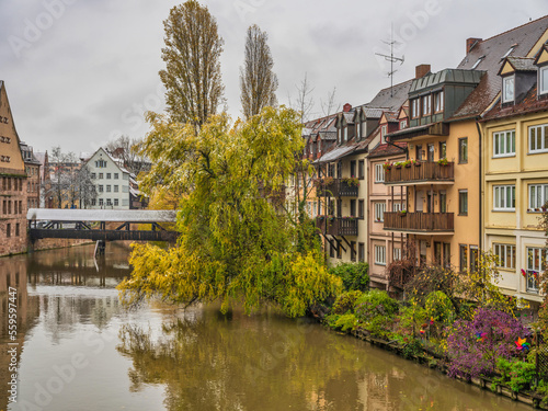 Beautiful historic buildings and Hangman's Bridge on Pegnitz river in Nuremberg, Germany