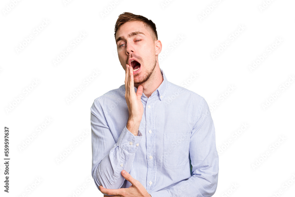 Young caucasian man cut out isolated yawning showing a tired gesture covering mouth with hand. Young caucasian man cut out isolated yawning showing a tired gesture covering mouth with hand.