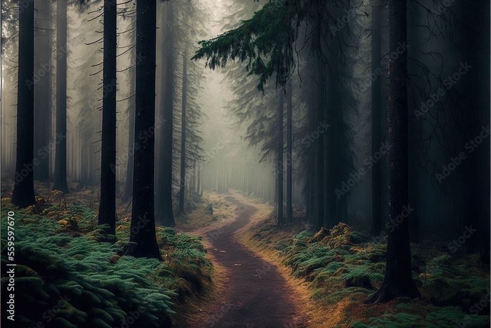 Obraz premium a path in a forest with tall trees and grass on both sides of it, surrounded by tall, green, leafy trees, and yellow foliage, with a trail in the middle.