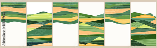 Green farm agriculture field template. Agro design vector layout. Abstract eco poster. Collection of ecology backgrounds. Eco countryside, hill shape, decoration set of organic farmland, nature art