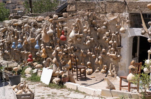Turkish traditional pumpkin lamps on the street in Goreme in Cappadocia