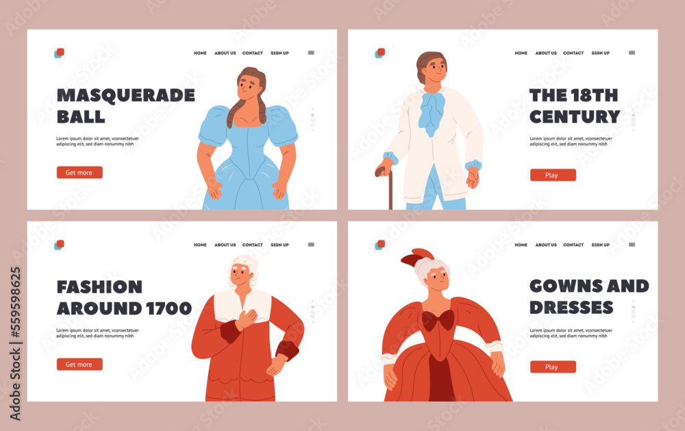 17th century fashion concept of landing page with people dressed in retro outfits, costumes and wigs 17th century fashion concept of landing page with people dressed in retro outfits, costumes and wigs