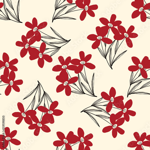 Cute bizarre red flowers seamless pattern in doodle style