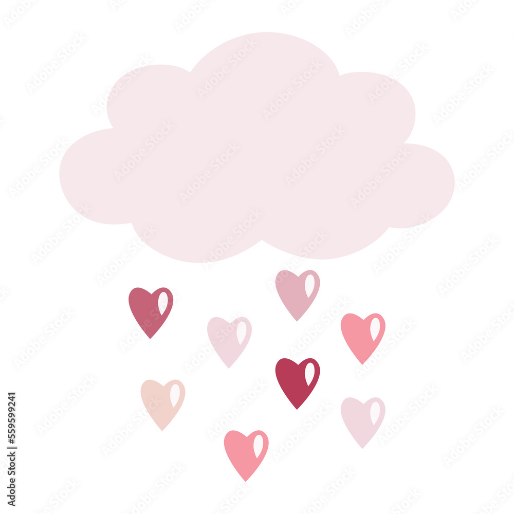 Clip art elements of cloud with hearty raindrops on isolated background. Bohemian romantic design for Valentine’s Day, wedding and mother’s day celebration, greeting card, home and nursery decor.
