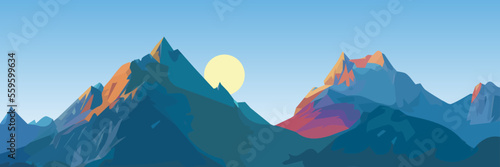 Panoramic views vector illustration of beautiful dark blue mountain landscape with sky. Sunrise and sunset in mountains.