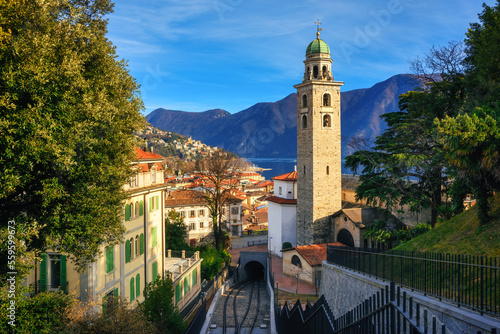 Lugano city view with cathedral, Switzerland photo