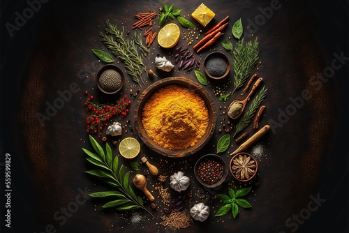 a bowl of spices and herbs on a table top with spices and herbs around it, including lemons, cinnamons, pepper, and spices, and herbs, and spices, on a dark background.