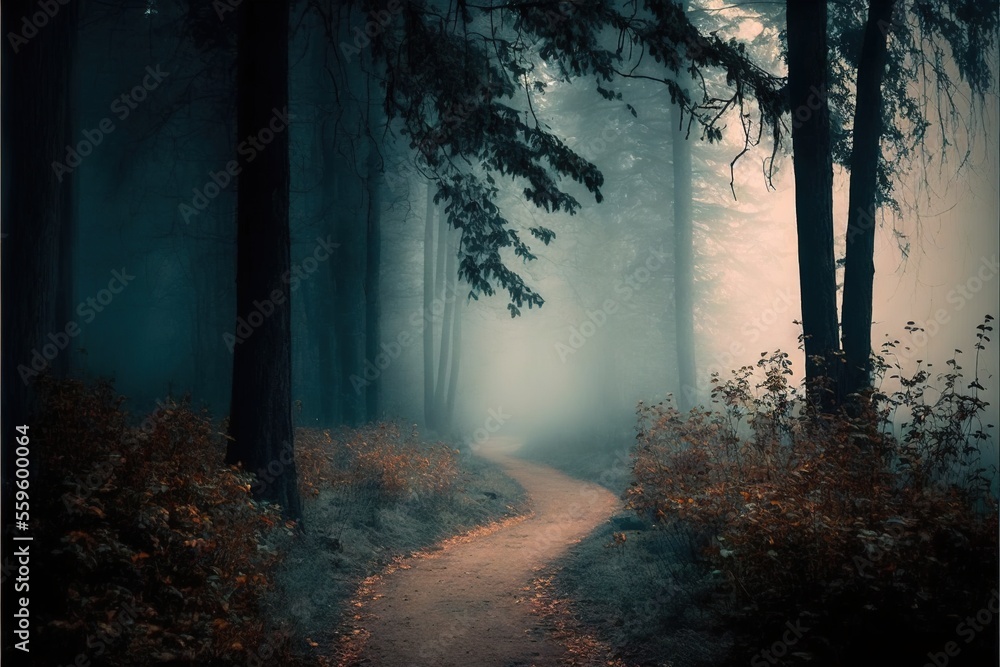 a path in the middle of a forest with fog on the trees and bushes on either side of it, leading into the distance, with a trail in the middle of the woods with.