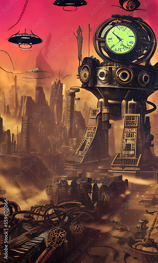 Generative AI, weidcore based vivid impact images depicting steampunk ...