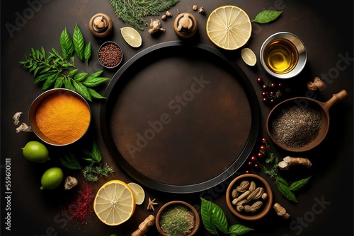 a circle of spices and herbs on a table top with a black background and a black circle with a black border around it, surrounded by a variety of spices and herbs and a few.