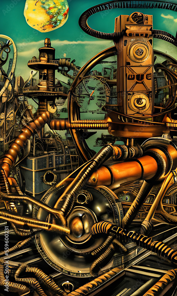 Generative AI, weidcore based vivid impact images depicting steampunk ...