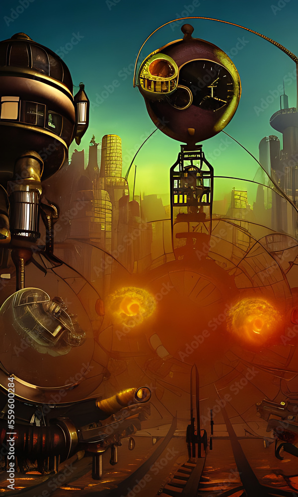 Generative AI, weidcore based vivid impact images depicting steampunk ...