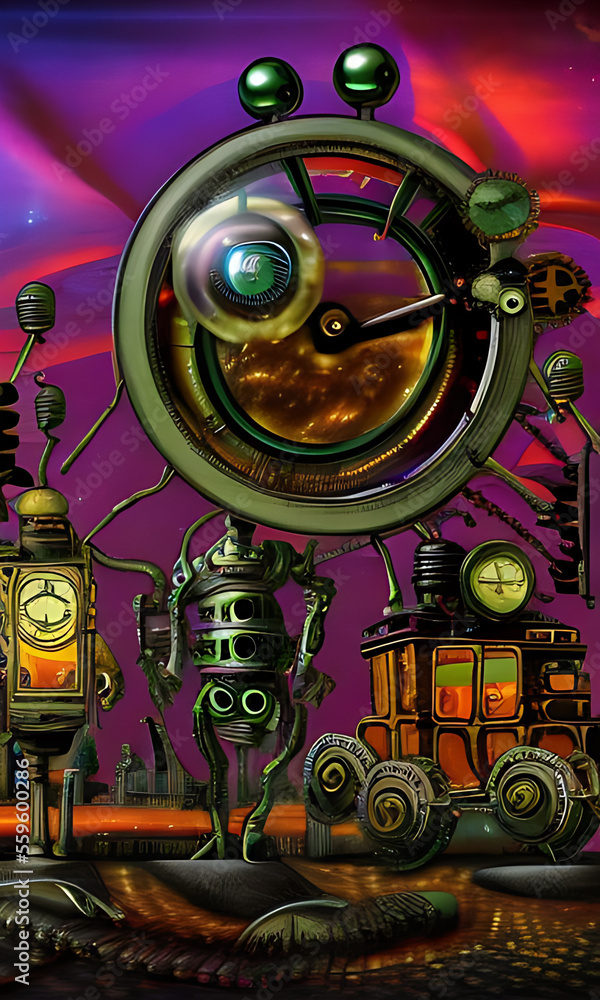 Generative AI, weidcore based vivid impact images depicting steampunk and clockpunk retro styled sci fi scenes 