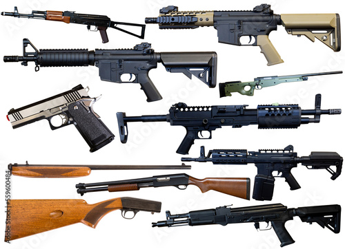 Fototapeta Different set of police or military guns and pistols on white background isolate