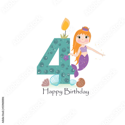 Cute little mermaid fourth birthday card four candle and marine life