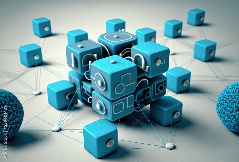 cloud computing network concept illustration with blue cubes, generative ai, blockchain illustration