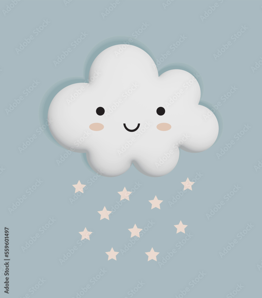 Baby Shower Vector Illustration with Cute Kawaii Cloud on a Light Blue Background. Fluffy Smiling Cloud and Rain of Stars. Sweet Nursery Art ideal for Card, Wall Art, Poster. Boys Room Decoration.