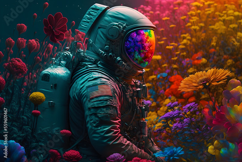 astronaut exploring an flower planet, Generative AI