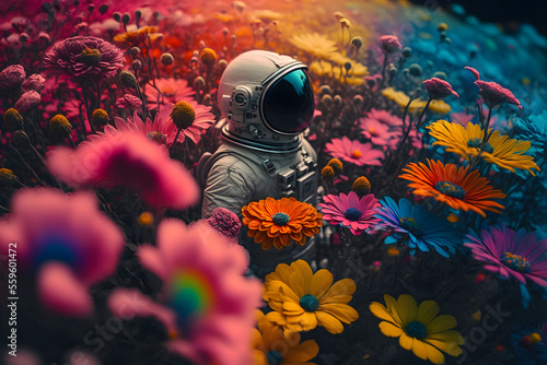 astronaut standing in colorful flowers, Generative AI