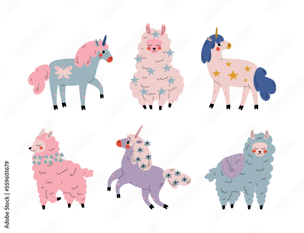Set of cute magical unicorns and fluffy alpaca. Lovely animals, design for card, sticker, textile, t-shirt cartoon vector illustration Set of cute magical unicorns and fluffy alpaca. Lovely animals, design for card, sticker, textile, t-shirt cartoon vector illustration