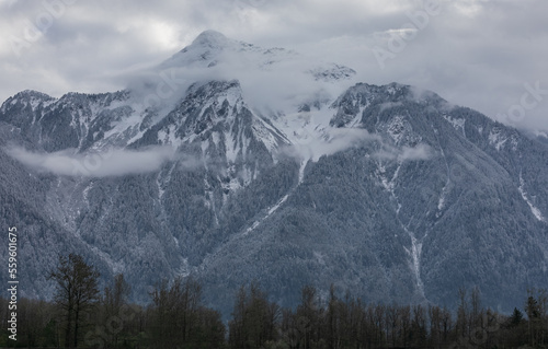 Foggy morning at cold day in the mountains. Mount Cheam during the winter season in Agassiz BC Canada © Elena_Alex