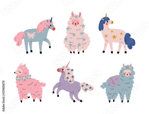 Set of cute magical unicorns and fluffy alpaca. Lovely animals  design for card  sticker  textile  t-shirt cartoon vector illustration