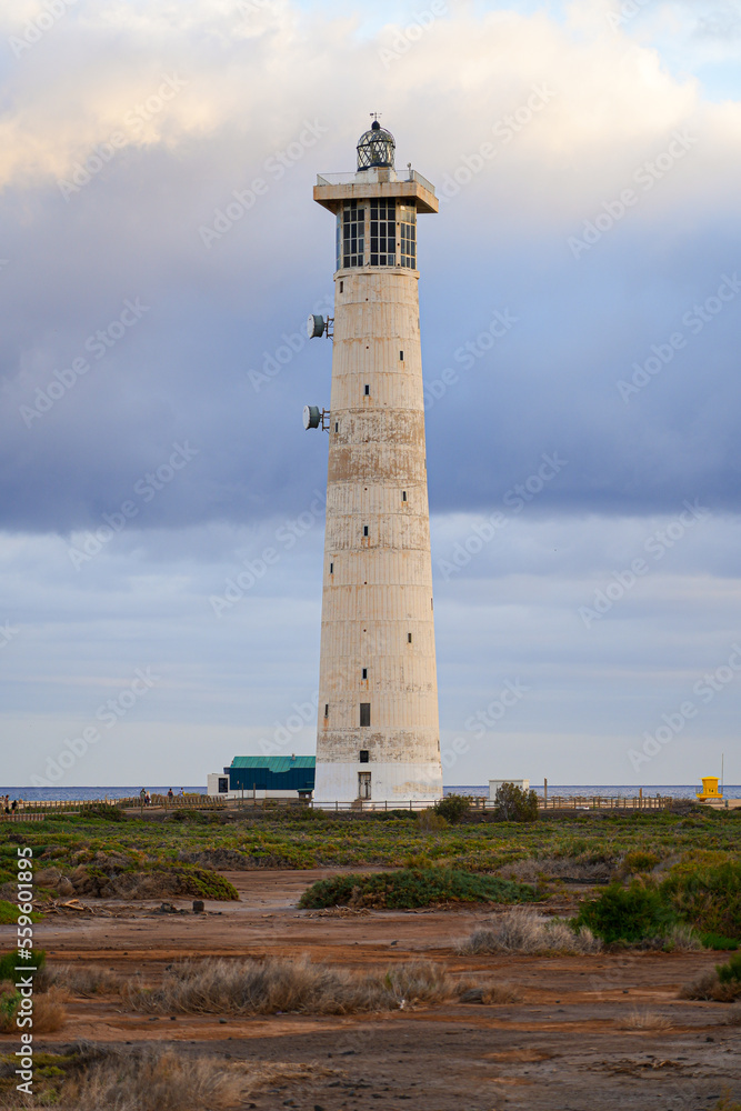 Morro Jable lighthouse, built out of concrete in 1991 on marshland on the Jandia Peninsula of Fuerteventura in the Canary Islands, Spain