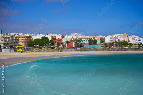 Residential buildings by the Atlantic Ocean in Puerto del Rosario, as seen from Playa Chica ("Chica Beach") in the capital of Fuerteventura island in the Canary Islands, Spain