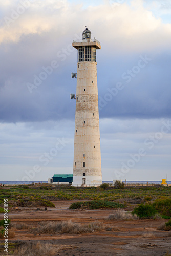 Morro Jable lighthouse, built out of concrete in 1991 on marshland on the Jandia Peninsula of Fuerteventura in the Canary Islands, Spain