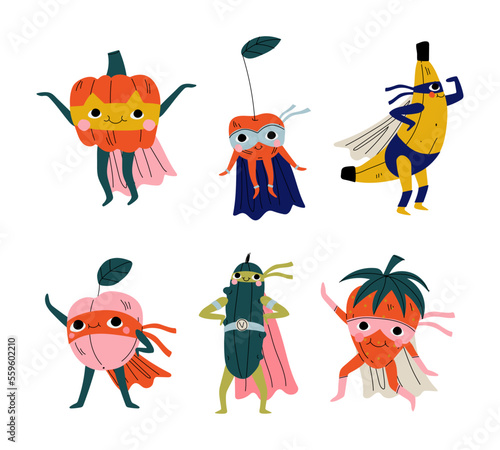 Superhero fruit and vegetables set. Happy pumpkin, cherry, banana, peach, cucumber, strawberry in cape and mask cartoon vector illustration
