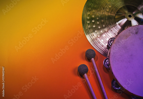 Sticker Colorful, music percussion template background, with a hand drum tambourine and drumsticks