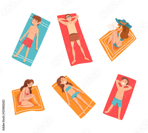 View from above of sunbathing people set. Young men, women and children lying on beach towels cartoon vector illustration