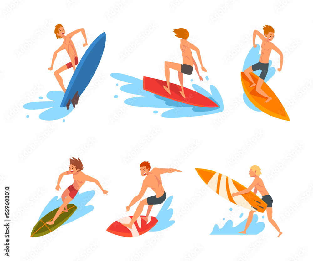 Set of happy guys in swimwear surfing in sea or ocean set. Surfers in beachwear riding surfboards cartoon vector illustration Set of happy guys in swimwear surfing in sea or ocean set. Surfers in beachwear riding surfboards cartoon vector illustration
