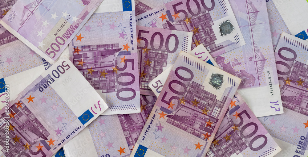 Banknotes of 500 euros in a mess close-up Banknotes of 500 euros in a mess close-up