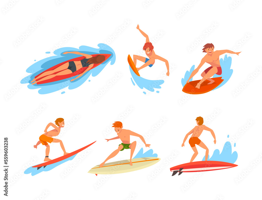 Set of happy young people in swimwear surfing in sea set. Make and female surfers in beachwear riding surfboards cartoon vector illustration Set of happy young people in swimwear surfing in sea set. Make and female surfers in beachwear riding surfboards cartoon vector illustration