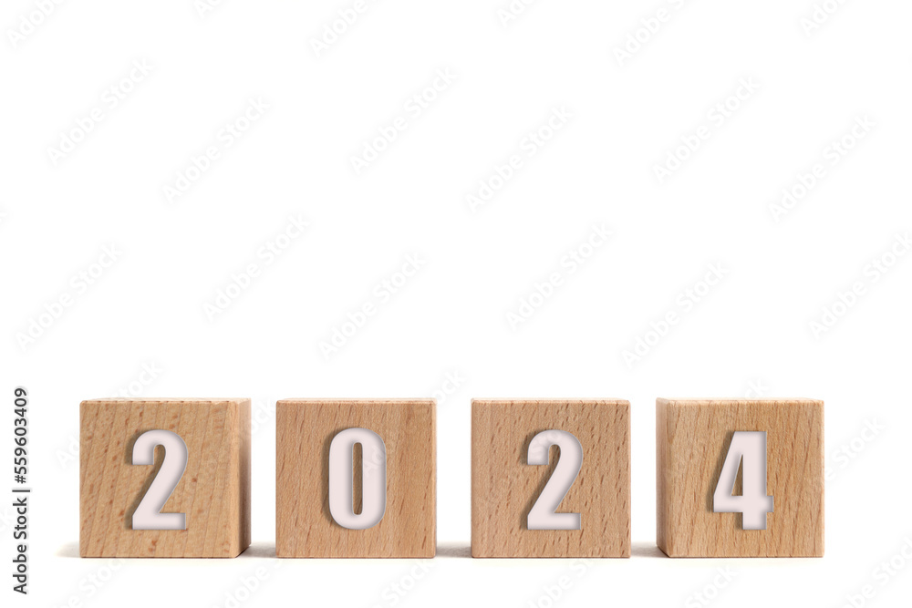 Wooden cubes with numbers 2024, white background.