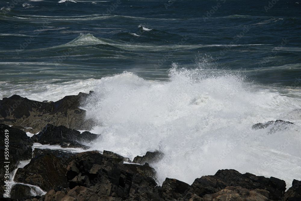 Ocean waves crashing against a rocky shore