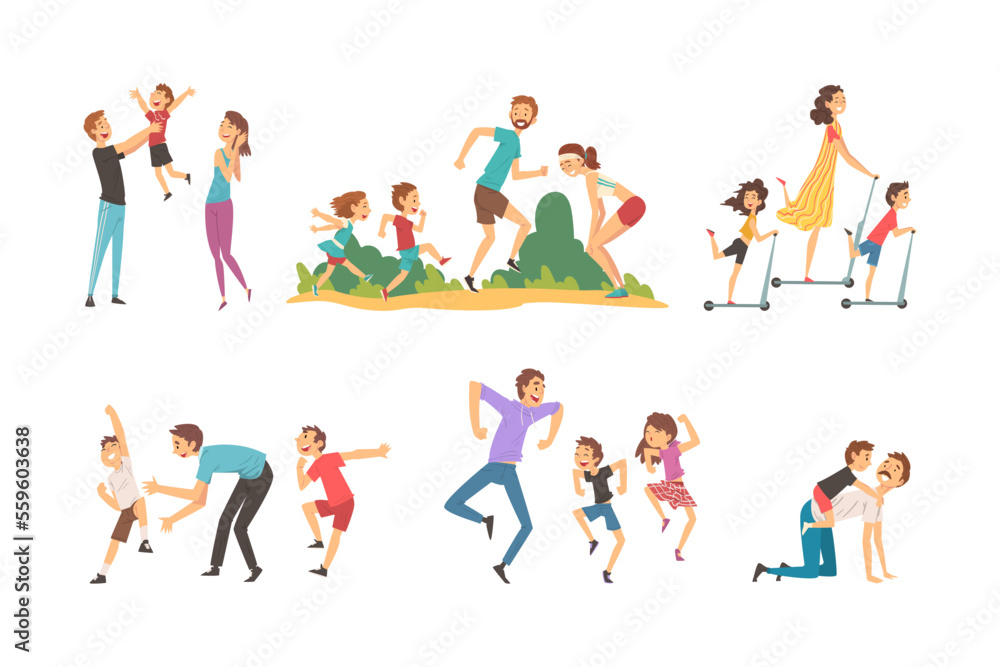 Family leisure activities set. Happy parents and kids having fun and playing together on nature cartoon vector illustration