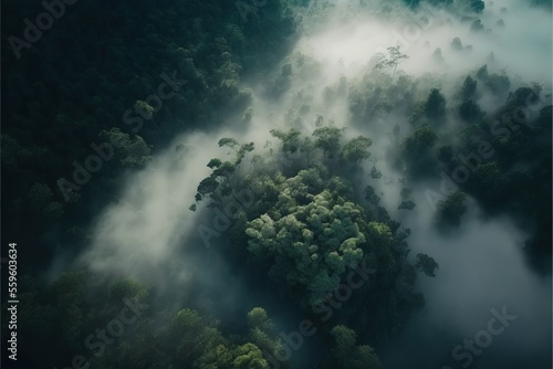 Ominous black tree forest covered in fog landscape background