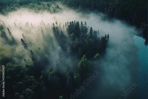 Ominous black tree forest covered in fog landscape background © Hixel