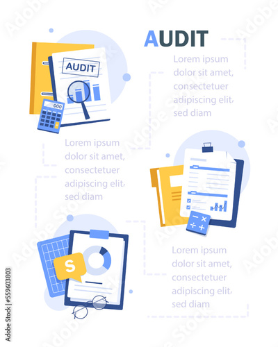 Auditing concepts. Auditor at table during examination of financial report. Tax process. Research, project management, planning, accounting, analysis