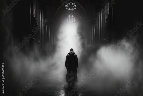 Figure standing in a misty cathedral with a broad black garment. Generative AI