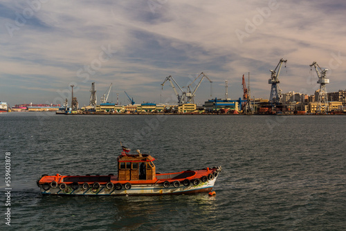 PORT FUAD, EGYPT - FEBRUARY 3, 2019: Suez canal and harbor in Port Fuad, Egypt