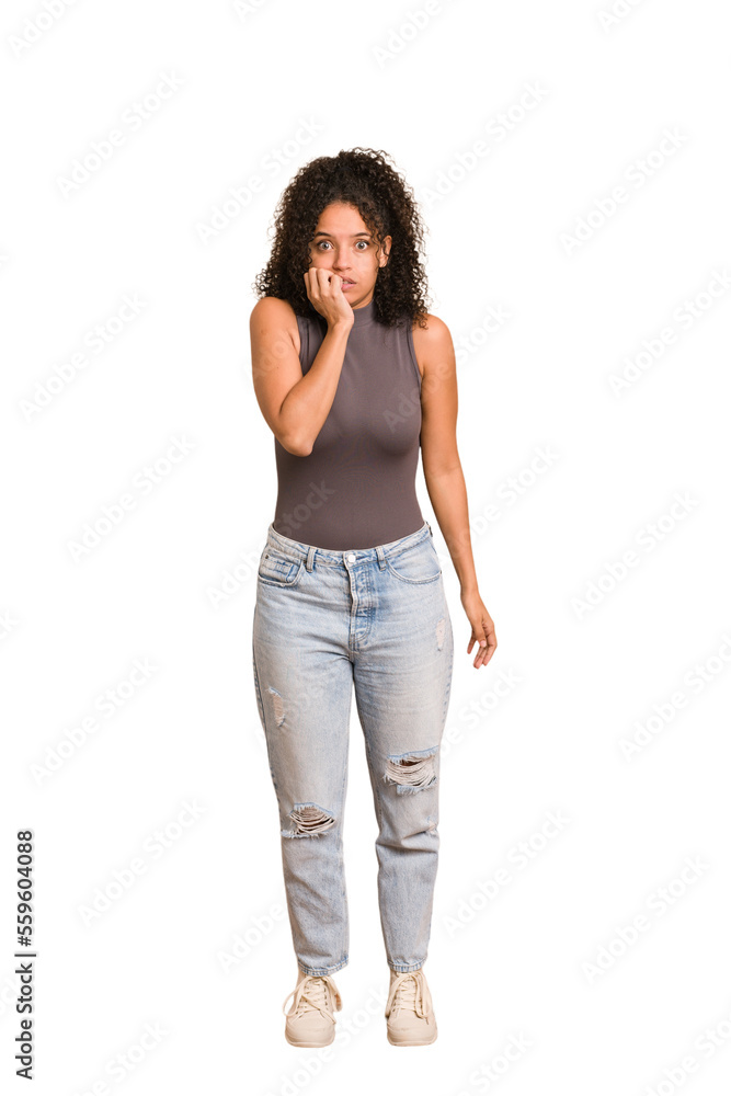 Young african american woman with curly hair cut out isolated biting fingernails, nervous and very anxious. Young african american woman with curly hair cut out isolated biting fingernails, nervous and very anxious.